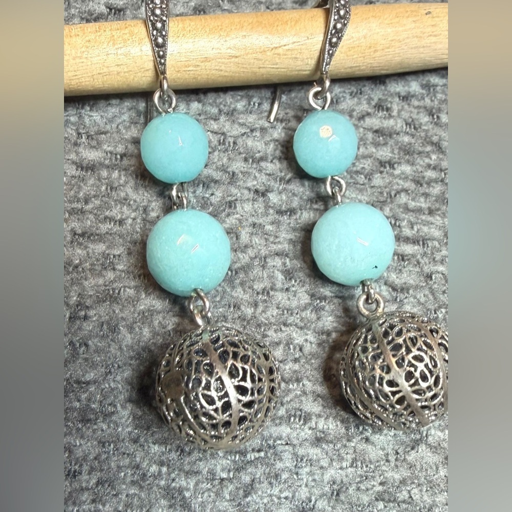 Natural Turquoise & Burnished Silver Pierced Ball Dangle Earrings